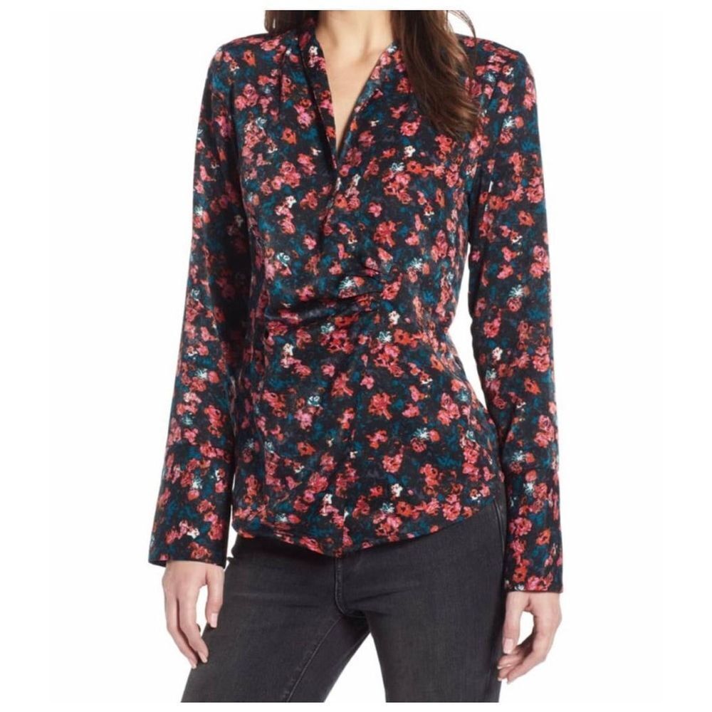 Something Navy Draped Blouse Rosebud Painterly Print Size Small